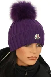 NEW MONCLER DARK PURPLE WOOL POM POM BEANIE LOGO HAT ONE SIZE RFID CODE