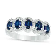 Oval Lab-Created Blue Sapphire and 0.33 CT. T.W. Diamond Frame Five Stone Ring in Solid 10K White Gold