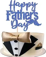 SYKYCTCY 1 Pack Happy Father's Day Cake Topper Glitter Love Dad Cake Pick Super Dad Moustache Cake Decoration for Happy Father's day Theme Men Birthday Party Supplies Blue (#4)