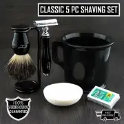 5Pc Shaving Kit Double Edge Safety Razor, Black Badger Brush, Stand, Soap & Mug