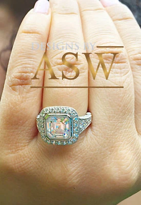14k Solid White Gold Asscher Simulated Diamond Bezel Engagement Ring 4.50ctw