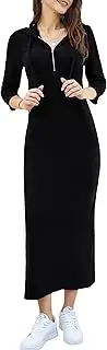 [MISSKY] Women Casual Pocket Quarter-Zip Neck 3/4 Sleeve Slim Split Pullover Hoodie Maxi Dress