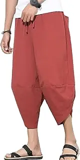 [Maiyifu-GJ] Men's Linen Harem Capri Pants Elastic Waist Drawstring Yoga Beach Pants Casual Loose Fit Wide Leg 3/4 Trousers