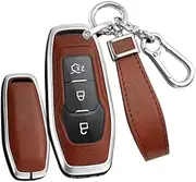 TECART Zinc Alloy Remote Car Key Cover fit for Ford Edge Galaxy Fusion Mondeo S-Max F-150 Mustang Key Case Protective Shell Leather fit for Lincoln MKZ MKC MKX Smart Key Fob Covers
