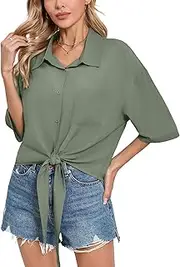 [SUEANI] Women’s Tie Front Button Down Shirt Casual 3/4 Sleeve Collared Work Blouse with Pocket