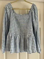 Torrid Blouse Women's Blue Long Sleeve Rayon Slub Smocked Bodice Crop