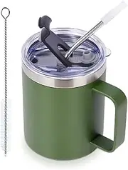 Volhoply 12oz Insulated Leakproof Coffee Mug with Sliding & Straw Lid,Double Wall Vacuum Stainless Steel Travel Tumbler Cup with Handle,Reusable Camping Mugs Keep Cold/Hot(Army Green,1 Set)