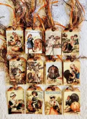 Thanksgiving~Vintage Prim~(12) Gift Hang Tags~Ornaments~Party~Junk Journals~640R