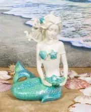 Nautical Aqua Capiz Blue Tailed Mermaid Ariel Holding Pearl In Clam Shell Statue