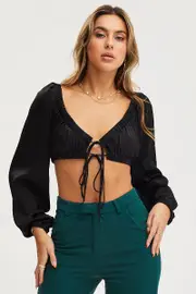 Black Tie Up Top Long Sleeve Crop - Size 14, Women's Crop Top