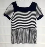 Orange Creek Los Angeles Navy Blue White Striped Rayon SS Top Blouse Large NWTS!