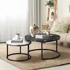 Oikiture Set of 2 Coffee Table Round Marble Nesting Side End Tables Black White