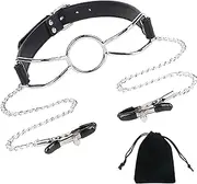 Open Mouth Gag With Nipple Clamps Metal Mouth Gag Adult Mouth Plug BDSM Sex Bondage Restraints Toy For Fetish Lover Couple