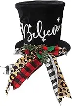 Christmas Tree Topper Hat, Black Velvet Bowler Derby Hat Topper with Long Plaid Ribbon Ornament Christmas Tree Decorations Top Hat Desktop Ornaments Snowman Topper Hat