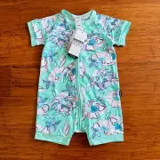 Bonds Mint Green Blue Purple Floral Short Zip Romper Wondersuit Size 2 BNWT