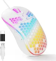Honeycomb Wired Gaming Mouse, USB/USB-C PC Game Mice with RGB Backlight, 6 Programmable Buttons, 6 Adjustable DPI Up to 7200 for Windows/PC/Mac/Laptop Gamer -White