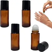 Jrusmr 4 PCS Amber Glass Roller Bottles with Plastic Roller Balls, Leak-Proof Refillable Deodorant Roll-On Containers with Caps for Essential Oils, Perfumes, and Cosmetics (30 ml)-Ideal for Massage