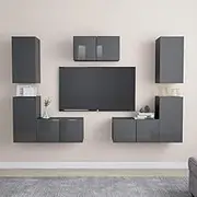 TV Stand Set - High Gloss Grey Cabinets for Entertainment Center, Living Room Furniture Storage, Modern Television Table & Media Shelf, Wall Mounted Unit