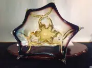 Vtg Hand Blown sculpture Brown Amber 6 Point Glass Bowl 14"