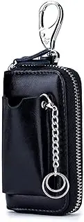 OTRTSUCC Car key Case Leather Pocket Key Organizer Case Smart Key Chain Remote Key Metal Hook Key Ring Zip Wallet Card Holder, Black