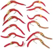 The Fly Fishing Place Barbless Tungsten Bead San Juan Worm Trout Fly Assortment Power Worms 1 Dozen Wet Nymph Fly Fishing Flies - Hook Size 10-3 Each of 4 Patterns