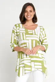 Esther Linen Top - Olive/White Midcentury