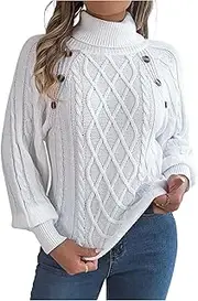 XUGYAO Women's Pullover Sweaters - Womens Fall Sweater Solid Button Cable Knit Turtleneck Lantern Sleeve Pullover Jumper Tops Casual Daily Wear Sweaters White