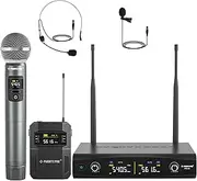 Phenyx Pro Wireless Microphone System, Metal Wireless Mic Set with Handheld Microphone/Bodypack/Headset/Lapel Mics, 2 x 30 UHF Frequencies, Cordless Mic for Singing, Karaoke, Church, DJ (PTU-52-1H1B)