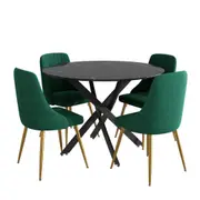 5 Piece Twist Leg Black Dining Table and Green Velvet Chair Set