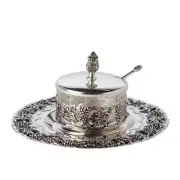 (D) Judaica Honey Dish Silver Plated with Tray and Spoon 4.5 H