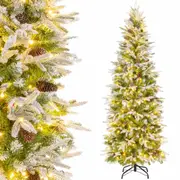 Costway 190CM Snow Flocked Artificial Christmas Tree Hinged Xmas Tree w/ 671 Branch Tips & 280 LED Lights & 60 Natural Pine Cones Multicolor