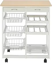 Storage Rack Moveable Kitchen Cart with Two Drawers and Two Wine Racks & Three Baskets White Trolley on Wheels