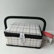 *NEW* SINGER Mini Sew & Stow Sewing Basket Plaid Pattern Black & White Adorable!