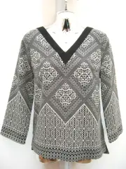 Warehouse Women's Black & Cream Kimono Tribal Print Tie Back Loose Top Size 12