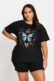 Black Short Sleeve Butterfly Side Split T-shirt