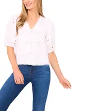 CeCe Embroidered Short Sleeve Tie Front Top
