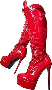 [Frankie Hsu] Fashion Designer Modern Sexy Women Men Big Large Size Red Faux Patent Leather Stiletto Chunky Platform High Heels Knee High Heeled Calf Long Boots