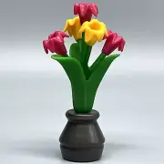 Playmobil Tulips Pink Yellow Flowers Green Leaves Grey Planter Vase Table Decor