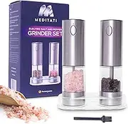 Meditati Electric Salt and Pepper Grinder Set – Rechargeable Automatic Salt and Pepper Grinder Set, Adjustable Coarseness, Stainless Steel, Electric Salt and Pepper Shakers For Kitchen and Restaurants