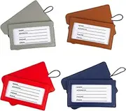 WUMUZAI 4 Pack Luggage Tags for Suitcases with Sleeve & Elastic Band, PU Leather Travel Bag Labels Luggage ID Tags with Privacy Protection, Cruise Baggage Tag Identifiers for Backpack, B