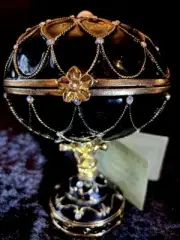 Detailed Egg Shape Music/Trinket Box Footed/Pedestal Black W/Crystal Rhinestones