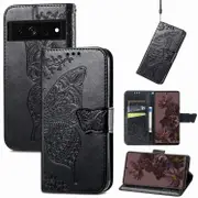 For Google Pixel 7 Case, Butterfly Embossed PU Leather Wallet Folio Cover, Stand, Black