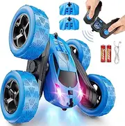 QUNREDA Remote Control Car, RC Cars Toys for Kids Ages 6-12, 4WD Stunt Car with LED Lights & 360° Flips, 2.4GHz, Upgraded USB-C Modular Batteries, Ideal Birthday Gift 8-10 Year Old Boys Blue