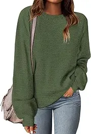 [MEROKEETY] Women's Crew Neck Long Sleeve Pullover Sweater Casual Loose Fall Jumper Tops Knitwear