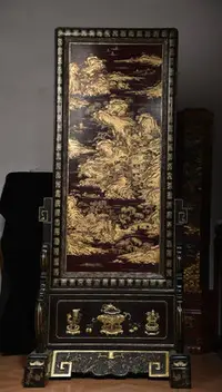 在飛比找Yahoo!奇摩拍賣優惠-超大尺寸木胎描真金漆器山居圖福壽地屏高187cm     寬