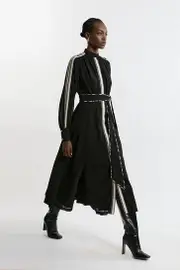 Military Mono Stripe Balloon Sleeve Maxi Dress