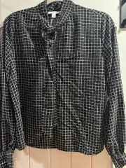 Black And White Plaid Nordstrom Long Sleeve Silky Pullover Blouse Tie Size S EUC