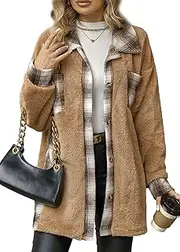 KEOYA Women's Plaid Fleece Jacket Button Down Flannel Shacket Winter Fuzzy Sherpa Coats Outerwear with Pockets