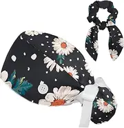 [FVQL] 2 Pcs Nurse Caps for Women, Surgical Cap with Hair Scrunchies, Ponytail Scrub Cap, Flower Daisy Pattern and Dot