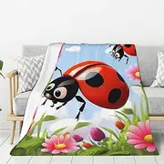Flannel Throw Blanket, Cartoon Ladybug Flower Blankets for Couch Washable Lightweight Blanket for Bed Soft Fleece Blanket 60"x50" Air Conditioning Blanket Warm Plush Blankets for All Season